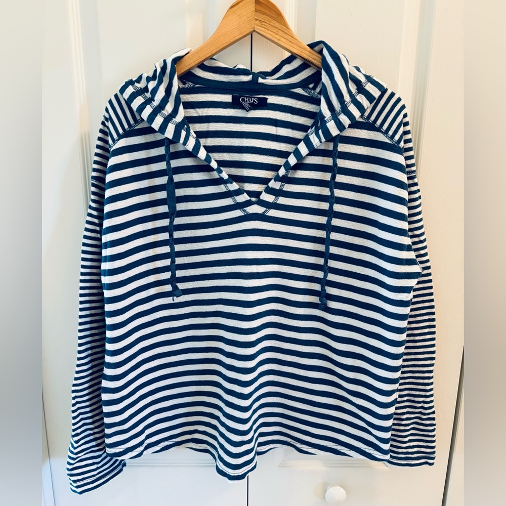 Chaps 100% Cotton Blue & White Striped hooded Pullover(L)